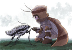 Rule 34 | ambiguous gender, antennae, beanie, black eyes, boots, brown hair, bug, coat, commentary request, expressionless, eye contact, fur collar, giant insect, gloves, grey coat, hat, bug, insect wings, jitome, kneeling, large wings, looking at another, moth wings, no pants, on one knee, original, outstretched hand, short hair, white background, wings