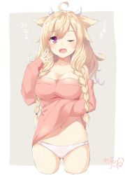 Rule 34 | 1girl, ahoge, animal ears, bad id, bad twitter id, bare shoulders, blonde hair, blush, braid, breasts, character request, cleavage, collarbone, cowboy shot, hand under clothes, hand under shirt, large breasts, long hair, long sleeves, navel, no pants, one eye closed, open mouth, panties, purple eyes, shiny skin, shirt, simple background, solo, takehana note, translation request, twin braids, underwear, yawning