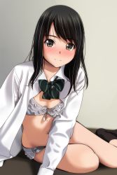 Rule 34 | 1girl, absurdres, bikini, black hair, blush, bow, bowtie, breasts, brown eyes, closed mouth, frilled bikini, frills, green bow, green bowtie, grey bikini, highres, long sleeves, looking at viewer, matsunaga kouyou, medium hair, navel, open clothes, open shirt, original, shirt, sitting, small breasts, smile, solo, swimsuit, thighs, white shirt