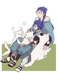 Rule 34 | 2boys, 3others, age difference, animal, belt, blue hair, bracelet, braid, braided ponytail, capelet, child, closed eyes, closed mouth, cu chulainn (caster) (fate), cu chulainn (fate), cu chulainn (fate/stay night), dog, earrings, fate/grand order, fate/grand order arcade, fate (series), fur-trimmed hood, fur trim, hood, hood down, hooded capelet, jewelry, leg warmers, long hair, male focus, multiple boys, multiple others, pants, ponytail, puffy pants, puppy, red eyes, sandals, setanta (fate), simple background, sitting, sitting on lap, sitting on person, sketch, sleeping, smile, sora itoguchi, spiked hair, tail, tail wagging, toeless footwear