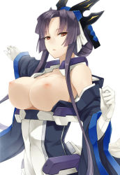 Rule 34 | 1girl, bodysuit, breastless clothes, breasts, brown eyes, gloves, hair bun, hair ornament, kazuno (horizon), kyoukaisenjou no horizon, large breasts, long hair, looking at viewer, md5 mismatch, nipples, open clothes, open mouth, prime, purple hair, simple background, single hair bun, solo, white background, white gloves