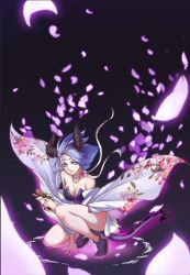 Rule 34 | 1girl, alternate costume, alternate eye color, alternate hair color, alternate hairstyle, bare shoulders, blue eyes, blue hair, breasts, choker, cleavage, dark persona, devil mercy, dress, eyelashes, facial mark, floral print, flower collar, forehead mark, gun, handgun, holding, holding gun, holding weapon, horns, imp mercy, japanese clothes, kneeling, large breasts, looking at viewer, matching hair/eyes, mercy (overwatch), overwatch, overwatch 1, sandals, skirt, socks, solo, strapless, strapless dress, weapon, wide sleeves, zouri