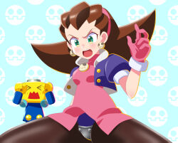 Rule 34 | 1boy, 1girl, annoyed, blue background, blush, breasts, brown hair, brown pantyhose, covering own eyes, cowboy, cowboy western, crotch plate, dress, earrings, embarrassed, gloves, green eyes, hair slicked back, hairband, jacket, jewelry, kuroi ohagi, light blue background, looking down, medium breasts, mega man (series), mega man legends (series), open clothes, open jacket, pantyhose, pink dress, pink gloves, pink hairband, robot, servbot (mega man), simple background, sitting, skull earrings, split, teeth, thick thighs, thighs, tron bonne (mega man), upper teeth only, western