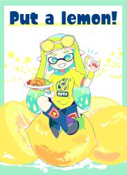 1girl blue_eyes blue_footwear blue_hair boots border bright_pupils chicken_(food) commentary_request dot_nose english_text eyewear_on_head food fried_chicken fruit full_body green_border green_eyes green_hair grin holding holding_food holding_fruit holding_plate inkling inkling_girl inkling_player_character lemon lemon_slice long_hair looking_at_viewer multicolored_hair nintendo plate pointy_ears shirt short_sleeves sitting sitting_on_food smile solo splatoon_(series) splatoon_2 star-shaped_pupils star_(symbol) sunglasses symbol-shaped_pupils t-shirt tentacle_hair tinted_eyewear twintails two-tone_eyes two-tone_hair white-framed_eyewear white_pupils whitedays wristband yellow-tinted_eyewear yellow_shirt