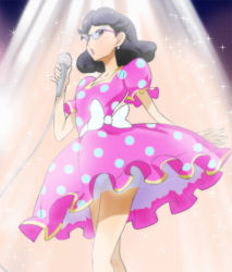 Rule 34 | 1girl, :o, black hair, bow, breasts, cable, dress, earrings, flipped hair, from side, glasses, go! princess precure, haruyama kazunori, holding, idol, indoors, jewelry, lights, looking at viewer, microphone, music, open mouth, panties, pantyshot, petticoat, polka dot, polka dot dress, precure, puffy short sleeves, puffy sleeves, purple-framed eyewear, purple eyes, rimless eyewear, sash, see-through, short dress, short hair, short sleeves, singing, small breasts, solo, sparkle, spotlight, stage lights, standing, underwear, zama sumire