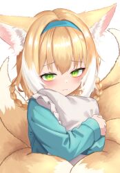 Rule 34 | 1girl, absurdres, animal ear fluff, animal ears, arknights, blonde hair, blue hairband, blue shirt, blush, braid, closed mouth, commentary request, fox ears, fox girl, fox tail, frilled pillow, frills, green eyes, hair between eyes, hair rings, hairband, highres, kitsune, long sleeves, looking at viewer, multicolored hair, hugging object, pillow, shirt, simple background, solo, suzuran (arknights), tail, twin braids, two-tone hair, upper body, white background, white hair, yon (isieuniya)