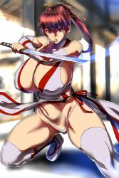 Rule 34 | 1girl, bare shoulders, breasts, cleavage, curvy, dead or alive, fighting stance, highleg, highleg panties, highres, holding, holding sword, holding weapon, huge breasts, judge (oekaki), kasumi (doa), looking at viewer, panties, partially visible vulva, pelvic curtain, ponytail, sleeveless, solo, sword, thong, underwear, weapon, wide hips