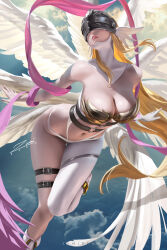Rule 34 | 1girl, angel, angel girl, angewomon, belt, blonde hair, breasts, buckle, cleavage, digimon, digimon (creature), highres, large breasts, lipstick, long hair, makeup, mask, navel, o-ring, ribbon, solo, thigh strap, very long hair, wings, zipper