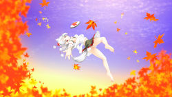 Rule 34 | 1girl, :o, animal ears, armpits, autumn leaves, bare legs, barefoot, blue sky, blurry, chachaneko, cloud, depth of field, detached sleeves, falling, hat, highres, inubashiri momiji, leaf, looking at viewer, maple leaf, outstretched hand, panties, pantyshot, pom pom (clothes), reaching, reaching towards viewer, red eyes, shield, short hair, skirt, sky, solo, tail, tokin hat, touhou, underwear, upskirt, white hair, white panties, wolf ears, wolf tail