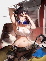Rule 34 | 1girl, absurdres, arknights, armpits, bird, black hair, blue eyes, breasts, clearhand, cleavage, curvy, eunectes (arknights), eunectes (forgemaster) (arknights), gloves, high priest (arknights), highres, huge filesize, large breasts, looking at viewer, navel, official alternate costume, pointy ears, rhodes island logo (arknights), skindentation, snake tail, solo, sweat, tail, unworn gloves, wide hips, wiping forehead
