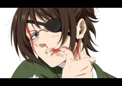 Rule 34 | 1girl, blood, blood on face, blood trail, brown eyes, brown hair, close-up, eyepatch, glasses, hange zoe, highres, isaka( ria iks), letterboxed, looking at viewer, paradis military uniform, shingeki no kyojin, short hair, solo, survey corps (emblem), upper body