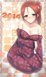Rule 34 | 10s, 1girl, 2014, alternate costume, alternate hairstyle, bad id, bad pixiv id, bare shoulders, blush, breast hold, breast lift, breasts, brown eyes, brown hair, checkered floor, cleavage, collarbone, female focus, floor, floral print, flower, flower on head, hair flower, hair ornament, highres, japanese clothes, kimono, kneeling, large breasts, looking at viewer, minna-dietlinde wilcke, nmaoh, off shoulder, ponytail, see-through, side ponytail, sitting, smile, solo, strike witches, world witches series, yokozuwari, yukata