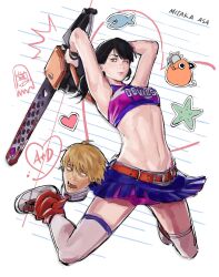 1boy 1girl arms_up belt black_hair blonde_hair chainsaw chainsaw_man character_name cheerleader cosplay crop_top denji_(chainsaw_man) fish grey_eyes heart highres holding holding_chainsaw juliet_starling juliet_starling_(cosplay) lollipop_chainsaw low_twintails miniskirt mitaka_asa navel nick_carlyle nick_carlyle_(cosplay) one_eye_closed paper_background pochita_(chainsaw_man) puckered_lips purple_shirt purple_skirt red_belt scyqee severed_head shirt skirt starfish thighhighs twintails white_thighhighs wristband yoru_(chainsaw_man)