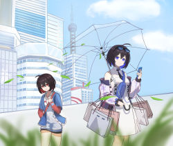 Rule 34 | 2girls, absurdres, bag, bare shoulders, blue jacket, blue necktie, blue sky, building, cherng, city, closed mouth, dress, dual persona, eyewear on head, grass, highres, holding, holding phone, holding umbrella, honkai (series), honkai impact 3rd, hood, hoodie, jacket, long sleeves, multiple girls, necktie, open clothes, open jacket, outdoors, phone, purple jacket, seele (alter ego), seele vollerei, shopping bag, shoulder bag, sky, sleeveless, sleeveless dress, smile, sunglasses, umbrella, white dress, white hoodie