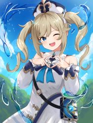 Rule 34 | 1girl, ;d, barbara (genshin impact), bare shoulders, blonde hair, blue eyes, blue sky, blush, book, bow, bowtie, cross, dress, genshin impact, hair ornament, heart, heart hands, highres, idol, latin cross, long sleeves, looking at viewer, one eye closed, open mouth, resolution mismatch, sera narumu, sky, smile, solo, source larger, twintails, water, white dress, white headwear