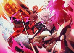Rule 34 | 2boys, armor, ashwatthama (fate), battle, black bodysuit, black gloves, bodysuit, choker, dark skin, earrings, fate/grand order, fate (series), gloves, grin, highres, holding, holding polearm, holding spear, holding weapon, jewelry, karna (fate), legs apart, male focus, multiple boys, muri (pan&#039;ichi murimuri geinin), muscular, outstretched hand, polearm, red hair, smile, spear, standing, teeth, topless male, weapon, white hair, yellow eyes