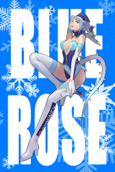 Rule 34 | 10s, 1girl, bad id, bad pixiv id, bare shoulders, blue eyes, blue hair, blue rose (tiger &amp; bunny), blue theme, boots, breasts, character name, cleavage, earrings, elbow gloves, gloves, gun, hat, high heels, jewelry, karina lyle, leg up, legs, lipstick, logo, long legs, looking at viewer, makeup, matching hair/eyes, oratorio777, pepsi nex, product placement, shoes, short hair, snowflakes, solo, superhero costume, thigh boots, thighhighs, thighs, tiger &amp; bunny, weapon, white thighhighs, zettai ryouiki