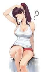 Rule 34 | 1girl, ;o, ?, absurdres, adjusting hair, alternate costume, alternate hairstyle, arm behind back, arm support, arm up, armpits, bare arms, bare legs, bare shoulders, blush, breasts, collarbone, feet out of frame, female focus, girls&#039; frontline, hair ribbon, hand on own head, head tilt, highres, knee up, large breasts, legs, long hair, looking at viewer, neck, nipple slip, nipples, no bra, one breast out, one eye closed, ponytail, purple hair, red eyes, red ribbon, red shorts, ribbon, romana, shirt, short shorts, shorts, simple background, sitting, solo, sweat, tank top, wa2000 (girls&#039; frontline), white background, white shirt, wince