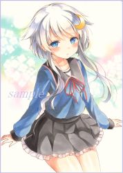Rule 34 | 10s, 1girl, bad id, bad pixiv id, black skirt, blue eyes, blush, colored pencil (medium), cowboy shot, crescent, crescent hair ornament, flower, grey hair, hair ornament, hydrangea, kantai collection, legs together, long hair, long sleeves, looking at viewer, marker (medium), parted lips, pleated skirt, potto, red ribbon, ribbon, sample watermark, short hair with long locks, skirt, solo, thighs, traditional media, watermark, yayoi (kancolle)