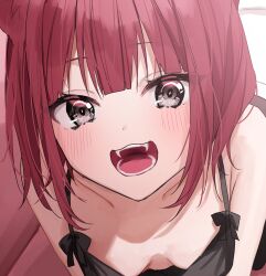 Rule 34 | 1girl, bare shoulders, black eyes, blush, breasts, chigusa minori, cleavage, close-up, collarbone, commentary request, downblouse, fangs, from above, highres, looking at viewer, medium breasts, open mouth, original, purple hair, short hair, solo, spaghetti strap, teeth, upper body