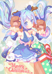 Rule 34 | 1girl, antlers, blue dress, blue eyes, blue hair, box, dress, gift, hatsune miku, highres, horns, in box, in container, rabbit, twintails, vocaloid, xiao duzi, yuki miku