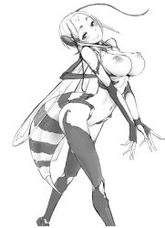 Rule 34 | 1girl, antennae, bee girl, blush, breasts, closed mouth, extra arms, facial mark, feet out of frame, forehead mark, greyscale, head tilt, highres, arthropod girl, large breasts, leaning forward, legs apart, looking at viewer, monochrome, monster girl, navel, nipples, nude, original, perky breasts, short hair, simple background, smile, solo, solopipb, standing, stinger, white background, wings