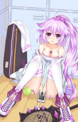 Rule 34 | 1girl, alternate costume, alternate hairstyle, bad id, bad pixiv id, blush, breasts, cellphone, cleavage, d-pad, hair ornament, jewelry, looking at viewer, medium breasts, necklace, nepgear, neptune (series), open mouth, phone, purerin, purple eyes, purple hair, solo