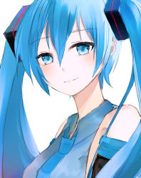 Rule 34 | 1girl, bare shoulders, black sleeves, blue eyes, blue hair, blue necktie, blue shirt, blush, closed mouth, collared shirt, commentary request, detached sleeves, hair between eyes, hatsune miku, long hair, looking at viewer, necktie, poono, shirt, simple background, sleeveless, sleeveless shirt, smile, solo, twintails, upper body, vocaloid, white background