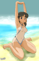 Rule 34 | 00s, 1girl, 2005, artist name, awatake takahiro, barefoot, beach, black hair, breasts, cloud, dated, feet, female focus, full body, looking at viewer, low twintails, medium breasts, ocean, one-piece tan, outdoors, pretzel bikini, short twintails, sitting, sky, solo, stretching, swimsuit, tan, tanline, toes, twintails, wariza