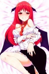 Rule 34 | 1girl, bad id, bad pixiv id, bare legs, bare shoulders, bed sheet, between breasts, black skirt, blouse, breasts, buttons, demon wings, head wings, koakuma, large breasts, lying, naughty face, necktie, necktie between breasts, off shoulder, on back, red eyes, red hair, red necktie, shirt, skirt, smile, solo, touhou, unbuttoned, white shirt, wings, yani (nokori life1)