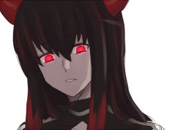 Rule 34 | 10s, 1girl, black gold saw, black hair, black rock shooter, dai (touhou handdrawn), gazacy (dai), glowing, glowing eyes, long hair, multicolored hair, portrait, red eyes, red hair, solo, two-tone hair, white background