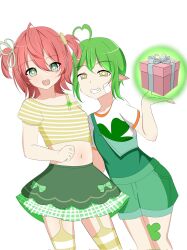 Rule 34 | +, 2girls, ahoge, bandaid, bandaid on face, belly, bow, box, clover, coin, commission, dsawaragi, fuyo cloverfield, gift, gift box, green eyes, green hair, grin, hair bow, hair ornament, hair ribbon, highres, idol corp, looking at viewer, multiple girls, navel, orange hair, pants, pointy ears, ribbon, shirt, short hair, shorts, simple background, skirt, smile, smirk, sparkling eyes, teeth, thighhighs, virtual youtuber, white background, yellow eyes