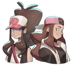 2024_pokemon_teraleak 2girls backwards_hat black_vest blue_eyes bright_pupils brown_eyes brown_hair closed_mouth commentary creatures_(company) eskey_09 game_freak hat high_ponytail hilda_(pokemon) multiple_girls nintendo open_clothes open_vest pink_hat pokemon pokemon_bw pokemon_bw_(prototype) shirt sidelocks simple_background smile strap upper_body vest white_background white_hat white_pupils white_shirt