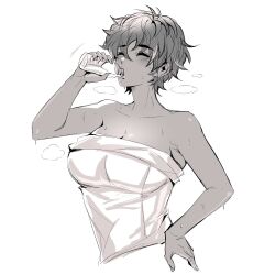 Rule 34 | 1girl, bare shoulders, bon (vtuber), bottle, breasts, cleavage, closed eyes, collarbone, dark-skinned female, dark skin, drinking, earrings, greyscale, highres, holding, holding bottle, indie virtual youtuber, jewelry, large breasts, milk bottle, monochrome, motion lines, naked towel, second-party source, short hair, solo, steam, sweat, towel, upper body, virtual youtuber, xenvita