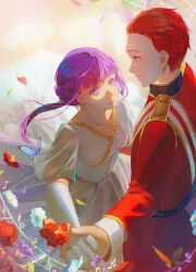 Rule 34 | 1boy, 1girl, absurdres, ballroom dancing, braid, bug, butterfly, closed mouth, commentary, dancing, dress, elbow gauntlets, fern (sousou no frieren), flower, french braid, gloves, hair slicked back, height difference, hetero, highres, insect, jacket, light smile, looking at another, military uniform, musical note, nuomirice, parted lips, purple eyes, purple hair, red eyes, red hair, red jacket, sash, sousou no frieren, stark (sousou no frieren), symbol-only commentary, uniform, white dress, white gloves
