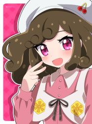Rule 34 | apron, artist name, atachi manya, beret, blush, brown hair, buttons, cherry, commentary, curly hair, food, fruit, hat, kura (xxcracy), long sleeves, looking at viewer, medium hair, open mouth, pink eyes, pink shirt, shirt, vest, white hat, white vest, yu-gi-oh!, yu-gi-oh! go rush!!