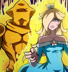 Rule 34 | 1girl, bare shoulders, blonde hair, blue dress, blue eyes, collarbone, commentary, crown, dress, energy, english commentary, hair over one eye, jojo no kimyou na bouken, long hair, looking at viewer, luma (mario), mario (series), muscular, nintendo, open mouth, phiphi-au-thon, rosalina, shaded face, stand (jojo), star (symbol), super mario galaxy, super smash bros., twitter username, upper body, v-shaped eyebrows