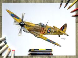 Rule 34 | 1other, aircraft, airplane, ambiguous gender, anthony-c, art tools in frame, artist name, canopy (aircraft), colored pencil, colored pencil (medium), commentary, english commentary, helmet, highres, marker, marker (medium), mechanical pencil, military vehicle, original, pencil, photo (medium), propeller, supermarine spitfire, traditional media, vehicle focus