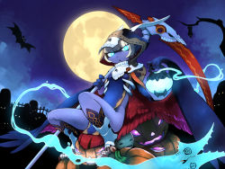 Rule 34 | 1girl, :o, bare tree, bat (animal), blue eyes, blue skin, breasts, bright pupils, claws, colored skin, earrings, fewer digits, full moon, ghost, glowing, glowing eyes, graveyard, halloween, harpy, highres, hood, hood up, jack-o&#039;-lantern, jewelry, kamukamu6392, lantern, looking at viewer, mask, monster girl, moon, night, original, pointy ears, scythe, short hair, sitting, skull mask, small breasts, talons, thighs, tree, white hair, white pupils, winged arms, wings