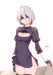 Rule 34 | 1girl, arm at side, black dress, black gloves, black thighhighs, blindfold, breasts, cleavage, cleavage cutout, clothing cutout, commentary request, covered navel, cowboy shot, dress, facing viewer, gloves, hair between eyes, hairband, highres, khibiki (brequiem), long sleeves, medium breasts, mole, mole under mouth, nier (series), nier:automata, no panties, puffy long sleeves, puffy sleeves, revision, short dress, short hair, silver hair, solo, standing, thighhighs, 2b (nier:automata)