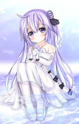 Rule 34 | 1girl, azur lane, bare shoulders, blush, collarbone, commentary request, dress, elbow gloves, gloves, hair between eyes, hair bun, head tilt, high heels, highres, langley1000, long hair, looking at viewer, md5 mismatch, hugging object, pantyhose, parted lips, purple eyes, purple hair, resolution mismatch, shallow water, single hair bun, sitting, solo, source smaller, strapless, strapless dress, stuffed animal, stuffed pegasus, stuffed toy, stuffed winged unicorn, unicorn (azur lane), very long hair, water, white dress, white footwear, white gloves, white pantyhose