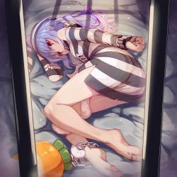 Rule 34 | 1girl, animal ears, ass, ball and chain restraint, bare legs, barefoot, blue hair, bound, braid, breasts, chain, commentary request, cuffs, don-chan (usada pekora), from above, highres, hololive, legs, long hair, looking at viewer, lying, medium breasts, multicolored hair, no pants, off shoulder, on side, orange eyes, oversized clothes, oversized shirt, prison, prison cell, prison clothes, prisoner, rabbit ears, rabbit girl, shackles, shadow, shirt, short eyebrows, striped clothes, striped shirt, sue (bg-bros), twin braids, two-tone hair, usada pekora, usada pekora (prisoner), virtual youtuber, white hair