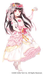 Rule 34 | 1girl, a20 (atsumaru), bare shoulders, black hair, bouquet, bow, bridal veil, cat, collarbone, commentary request, copyright name, dress, flat chest, flower, footwear bow, frilled dress, frills, full body, hair flower, hair ornament, highres, holding, holding bouquet, holding flower, long hair, looking at viewer, multicolored clothes, multicolored dress, official art, original, pink dress, pink flower, pink ribbon, red eyes, ribbon, see-through, see-through sleeves, shoes, short sleeves, simple background, smile, solo, teeth, upper teeth only, veil, veil lift, wedding dress, white background, white footwear, wings, yellow dress