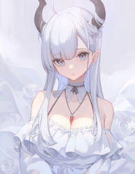 Rule 34 | 1girl, ahoge, bare shoulders, blue eyes, breasts, cleavage, demon girl, demon horns, detached collar, dress, halterneck, highres, horns, jewelry, large breasts, long hair, looking at viewer, necklace, nekojira, off-shoulder dress, off shoulder, original, parted lips, pointy ears, solo, thea (nekojira), upper body, white dress, white hair