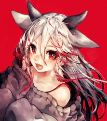 Rule 34 | 1girl, :d, animal ears, bare shoulders, blush, collarbone, colored eyelashes, fangs, hair between eyes, highres, horns, long hair, looking at viewer, maido mido, multicolored hair, off-shoulder, off-shoulder sweater, open mouth, original, red background, red eyes, red hair, simple background, sleeves past wrists, smile, solo, streaked hair, sweater, two-tone hair, white hair