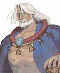Rule 34 | 1boy, abs, bara, bare pectorals, beard, blue eyes, blue robe, dark-skinned male, dark skin, facial hair, highres, holding, jp (street fighter), large pectorals, long hair, looking at viewer, male focus, mature male, muscular, muscular male, mustache, old, old man, open clothes, open robe, pectorals, robe, sa1k0p, solo, street fighter, street fighter 6, thick eyebrows, thick mustache, white hair