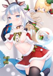 Rule 34 | 1girl, animal ears, black gloves, black thighhighs, blue eyes, box, character doll, christmas, crop top, fake animal ears, fake antlers, frilled shirt, frills, fur trim, gawr gura, gift, gift box, gloves, hairband, highres, holding, hololive, hololive english, leg up, long hair, looking at viewer, midriff, miniskirt, multicolored hair, navel, red skirt, revealing clothes, santa costume, shirt, shouu-kun, skirt, solo, stomach, streaked hair, thighhighs, two side up, virtual youtuber, watson amelia, white hair, white shirt, zettai ryouiki