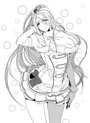 Rule 34 | 10s, 1boy, blush, buttons, crossdressing, detached sleeves, double-breasted, fur trim, greyscale, hachisuka kotetsu, hand in own hair, highres, insitsukun, long hair, looking to the side, male focus, miniskirt, monochrome, pom pom (clothes), skirt, smile, solo, thighs, touken ranbu, very long hair, winter clothes