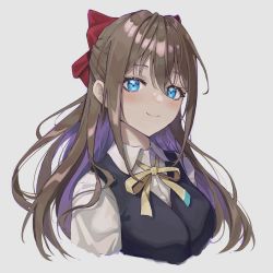 Rule 34 | 1girl, aqua eyes, aqua shirt, artist name, artist request, black vest, blue eyes, blush, bow, breasts, brown hair, buttons, collared shirt, female focus, floating hair, grey background, hair between eyes, hair bow, hair over shoulder, highres, long hair, looking at viewer, love live!, love live! nijigasaki high school idol club, nijigasaki academy school uniform, osaka shizuku, parted lips, ponytail, red bow, ribbon, school uniform, senguyen1011, shirt, short sleeves, small breasts, smile, solo, sweater vest, upper body, vest, wavy hair, white shirt, yellow buttons, yellow neckwear, yellow ribbon