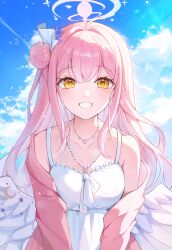 Rule 34 | 1girl, absurdres, angel wings, blue archive, blush, dress, grin, hair between eyes, hair bun, halo, highres, jacket, jewelry, long hair, long sleeves, looking at viewer, mika (blue archive), necklace, pink hair, pink halo, pink jacket, single side bun, smile, solo, upper body, white dress, white wings, wings, yellow eyes, youwon0417